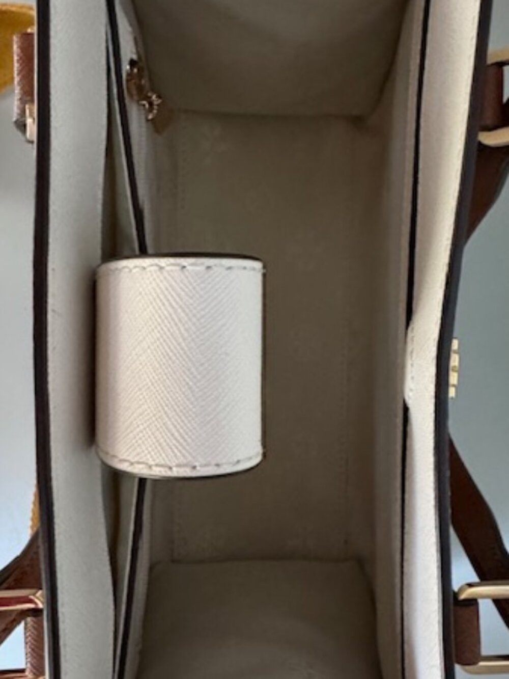 Tory Burch Cream Leather Satchel with Brown Handles and Yellow Floral Strap - Picture 6 of 14